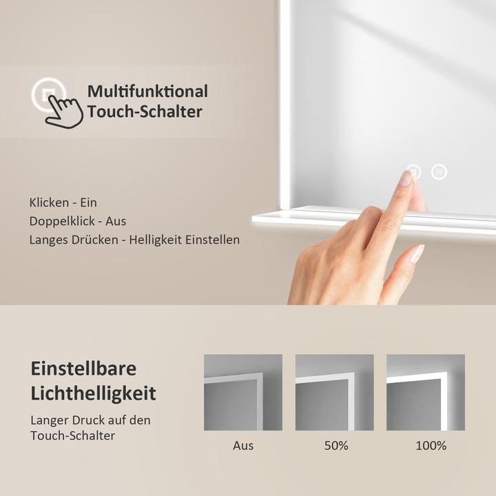 Actual product image Emke Bathroom Mirror With Lighting 50*70cm, Fog-Free, Cool-White6500Kund Dimmable, Glass Shelf (80 x 60 cm)