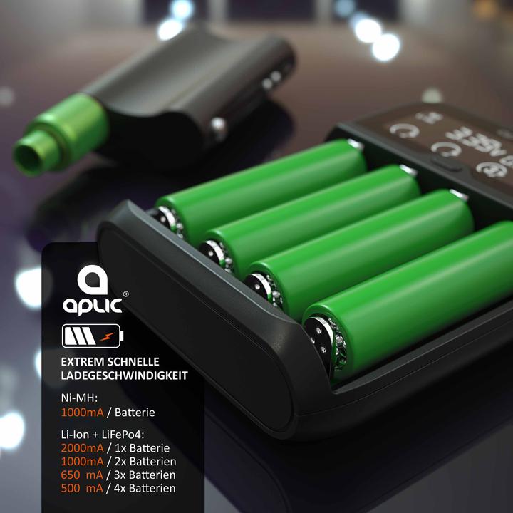Produktbild Aplic Batterie Ladegerät 2000mA, Universal Akku Ladegerät für Li-ion, Ni-MH, Ni-Cd, LiFePo4 Akkus, Display (14500, 17500, 18500, 18650, 20700, 21700, 22650, 26500, 26650, C, A, AAA, AA, Ladegerät ohne Akku)