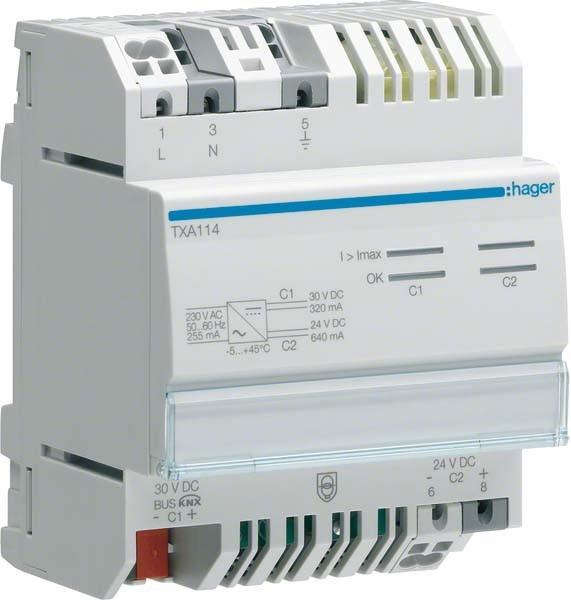 Produktbild Hager Spannungsversorgung 320/ TXA114 640mA m.1Ausgang u.1Drossel+1Ausg. 24VD