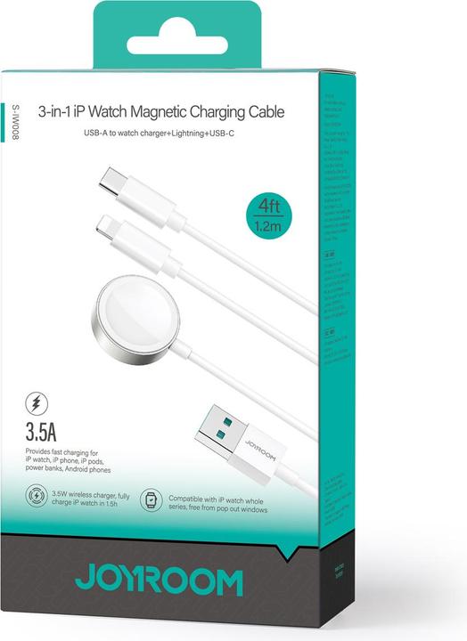 Produktbild Joyroom S-IW008 3-in-1-Kabel magnetisches Ladegerät USB-A – Lightning/USB-C 1,2 m – Weiss (1.20 m, 5 W)