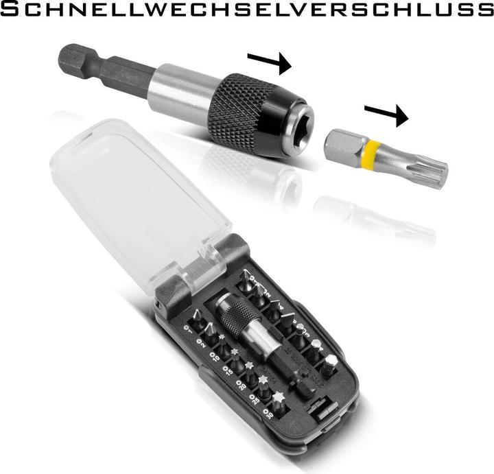 Produktbild Stahlwerk 15 Bits Chrom-Vanadium Bit Set mit Magnethalter für Akkuschrauber (1/4", 1/8, 3/4", 5/16", 10/32", 1/2", 3/8", 6/32" Schaft, 6,3 mm (1/4"), 10 mm (3/8"), 12,5 mm (1/2"), 12,5 mm (3/8"), 12,5 mm (1/2"), 10 mm (3/8"), 12,5 mm (3/8"), 11/16" (3/4"), 5/16" Schaft)