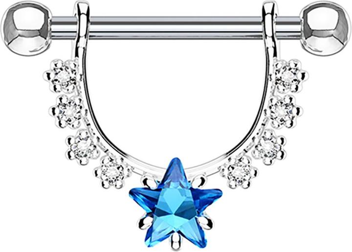 Star Piercing Barbell silber Kristall halbbogen mit Sternkristall aqua (ohne Messing, Chirurgenstahl 316L)