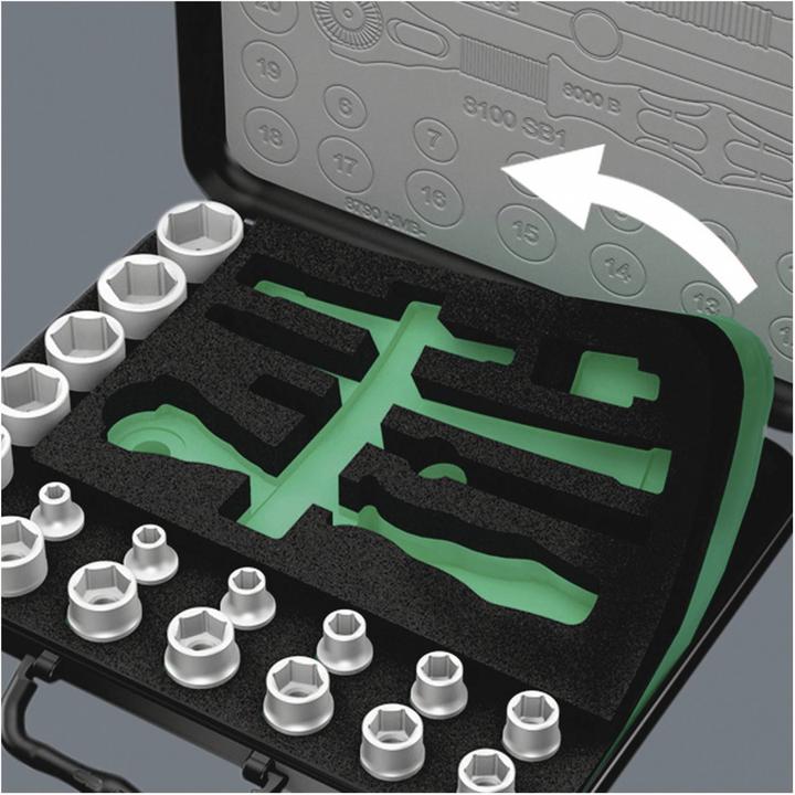 Actual product image Wera 8100 SA/SC 2 Zyklop Speed Ratchet Set (15 mm, 7 mm, 6 mm, 8 mm, 4 mm, 5 mm, 23 mm, 18 mm, 22 mm, 13 mm, 12 mm, 10 mm, 14 mm, 16 mm, 24 mm, 21 mm, 19 mm, 20 mm, 11 mm, 9 mm, 17 mm)