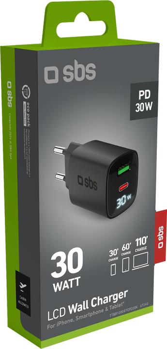 Actual product image SBS PD travel charger 30W USB-C/18W USB LCD GaN black (30 W)