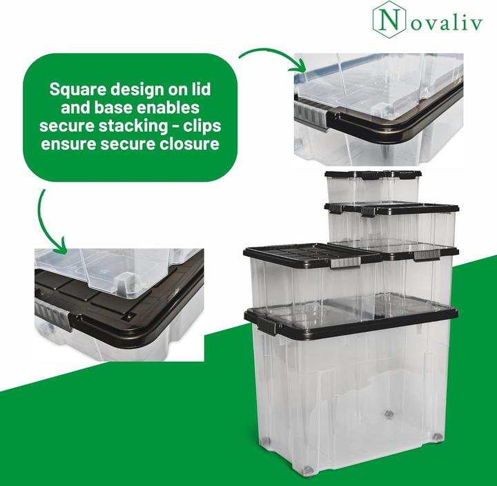 Produktbild Novaliv 8x Aufbewahrungsboxen mit Deckel Gross 80L Anthrazit nestbar stapelbar mit Clipverschluss Rol (61 x 40 x 45 cm, 80 l)