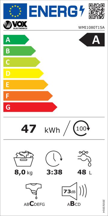 Label énergétique Vox Waschmaschine WMI 1080-T15A (A, 8 kg, 1000 o/min, 15 Stück, Inverter) (8 kg, Gauche)
