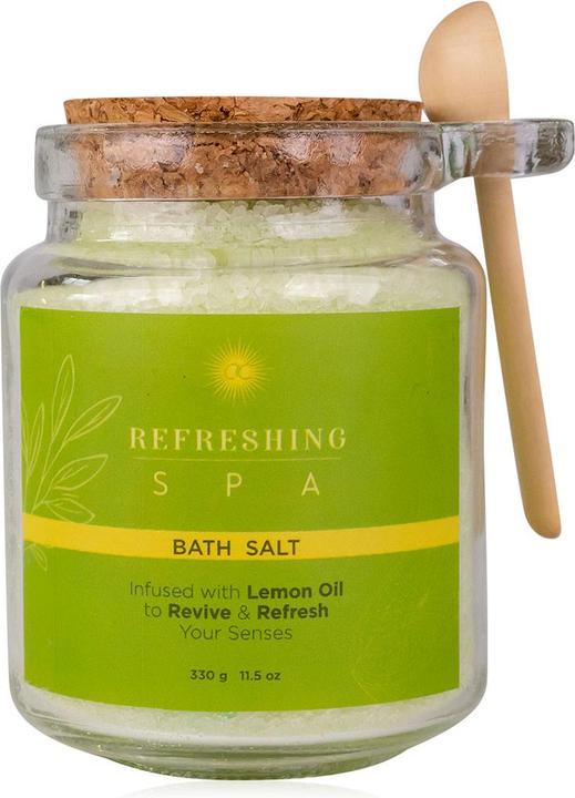 Accentra Badesalz REFRESHING SPA in Glas inkl. Holzlöffel, 330g, angereichert mit Zitronenöl, Duft: Lemon & J (Badesalz)