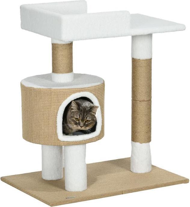 Produktbild Swisshandel24 kleiner Kratzbaum 79 cm mit Katzenhöhle, mit Liegefläche, bis zu 8 kg, Weiss, Kaschmir-Imitat (79 cm, Braun und Weiss)