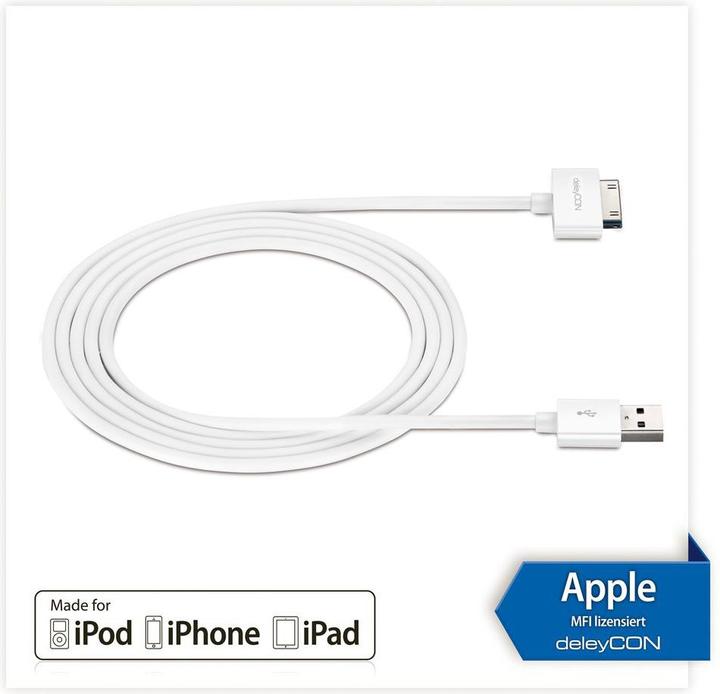 Produktbild deleyCON 30Pin Dock-USB Kabel 2m, weiss (2 m, USB 2.0)