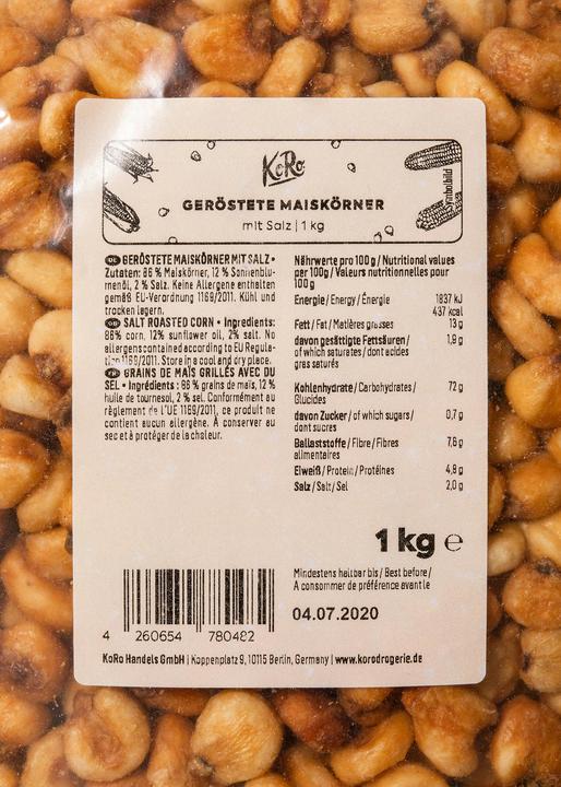 Nährwerte und Zutaten KoRo Gerösteter Mais mit Salz (1000 g)