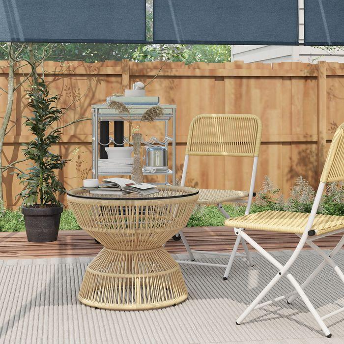 Produktbild Swisshandel24 Beistelltisch Rattan, Ø60 cm Couchtisch Gartentisch mit Tischplatte aus Hartglas, Balkontisch im Boh