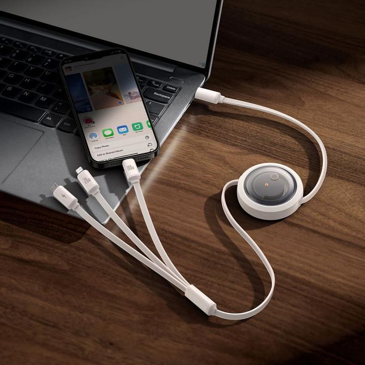 Actual product image Baseus Fast Charging Cable 3in1 Free2Draw USB-C to USB-C/Lightning/Micro 100W, 1.1m (white) (1.10 m, USB 3.2 Gen 1, 100 W)