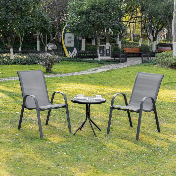 Produktbild Swisshandel24 2er Set Gartenstuhl Stapelstuhl mit Armlehne Metall Mesh-Gewebe grau 70x54x90cm