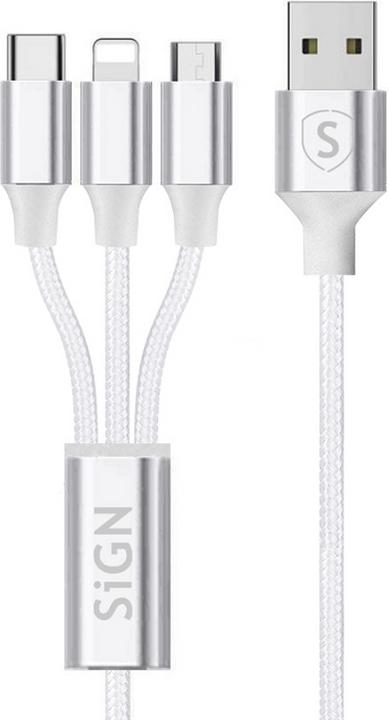 Actual product image SIGN 3-in-1 Cable 0.25m, Lightning, USB-C, Micro-USB 5V, 3A - White (0.25 m)