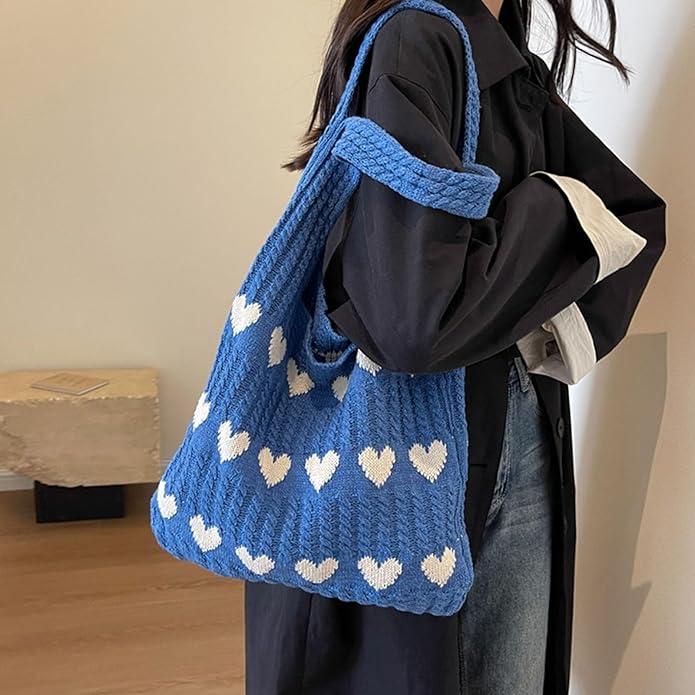 Actual product image Only-Bags.Store Minimalist hobo bag with love pattern, knitted shopping bag, lightweight holiday bag