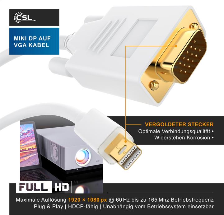 Produktbild CSL Mini Displayport zu VGA Audio Video Kabel, miniDP Monitor Adapter / Thunderbolt 1 & 2 kompatibel (5 m, DisplayPort, VGA)