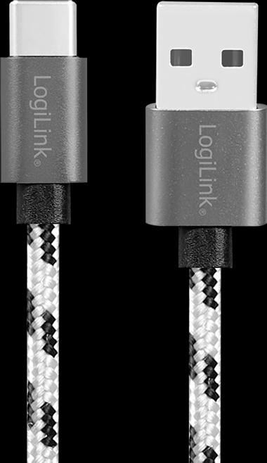 Produktbild LogiLink USB 2.0 Type-C Kabel-Set, C/M zu USB-A/M, Alu, Nylon, weiss/schwarz (2 m, USB 2.0, 10 W)