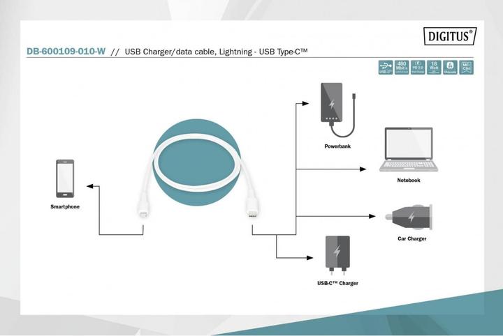 Produktbild Digitus Daten- / Ladekabel, USB-C - Lightning, MFI (1 m, USB 2.0, 18 W)