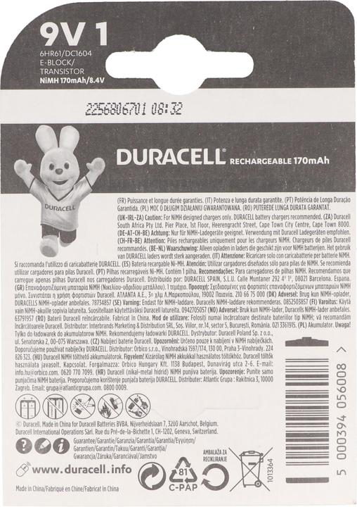 Actual product image Duracell Recharge Ultra (1 pcs., 9V Block, 170 mAh)