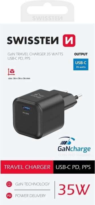 Immagine prodotto Swissten Caricabatterie da viaggio Gan 1X USB-C 35W Power Delivery Nero (35 W)