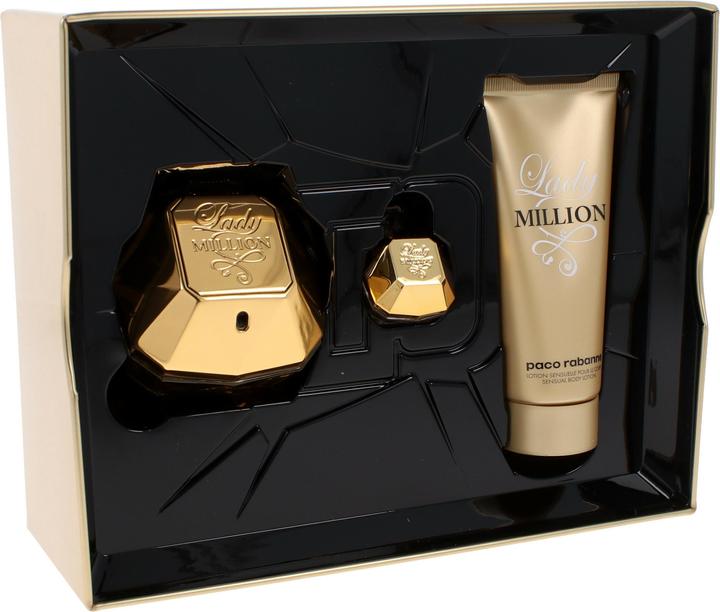 Paco Rabanne Lady Million by Gift Set -- 2.7 oz Eau de Parfum Spray +.17 oz Mini EDP + 3.4 oz Bo...