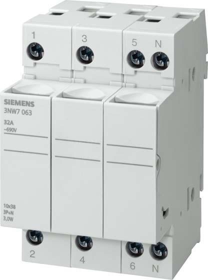 Image du produit Siemens SIEM 3NW7063 Socle pour fusibles à encastrer Gr. 10x38mm 32A, 3 pôles + N