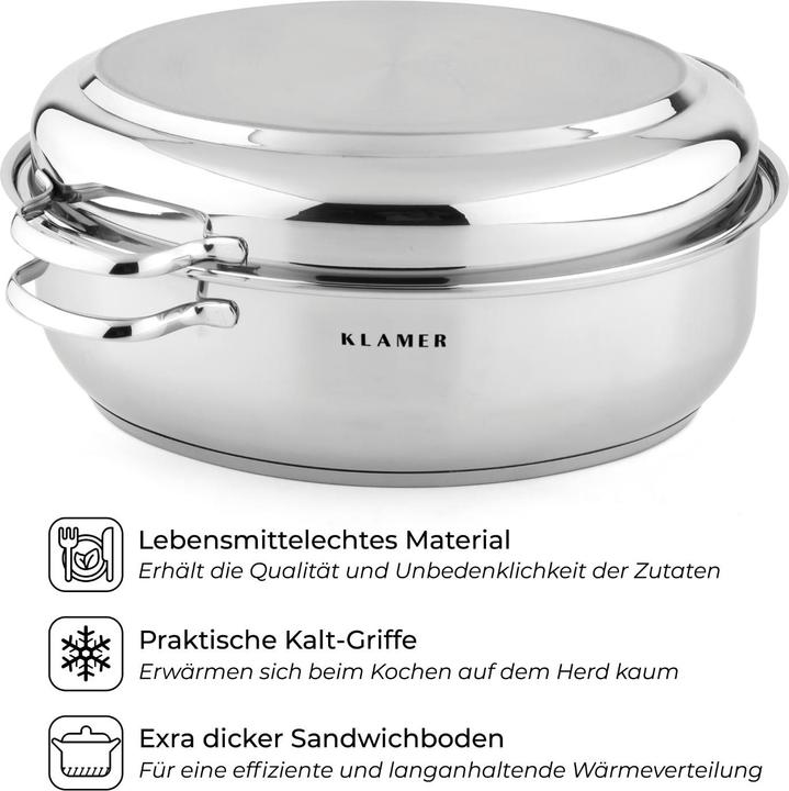 Produktbild KLAMER Edelstahl Bräter mit Deckel 38 cm, backofengeeignet, 8.5L mit 4L Deckelpfanne, für alle Herdarten (38 cm, Bräter + Schmortopf, Edelstahl)