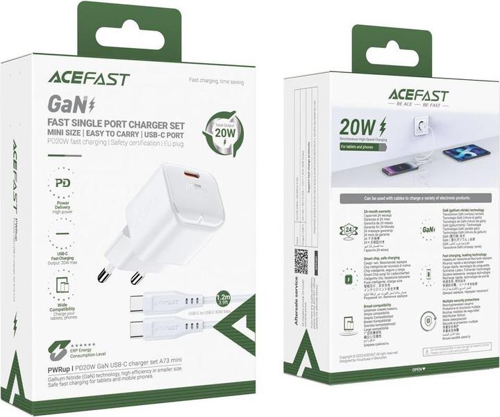 Produktbild Acefast A73 Mini PD 20W GaN-Wandladegerät + USB-C-Kabel – Weiss (20 W)