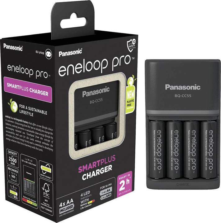 Panasonic eneloop pro Smart & Quick Charger BQ-CC55 (4 Stk., AA, 2500 mAh, Ladegerät inkl. Akku)