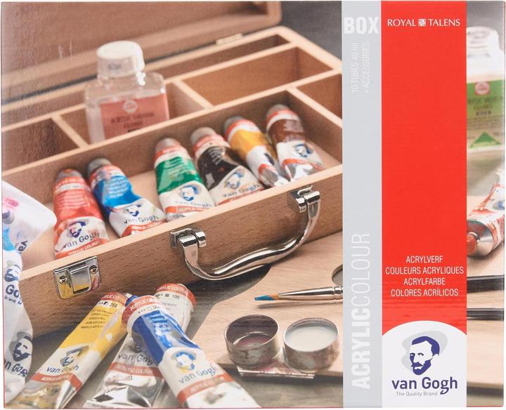 Immagine prodotto Van Gogh Scatola di legno colori acrilici Basic (Bianco, Giallo scuro, Giallo, Verde, Blu, Rosa, Nero, Rosso, Marrone, Blu scuro, 175 ml)