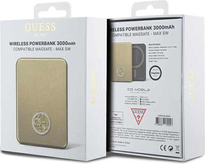 Produktbild Guess Powerbank indukcyjny 5W GUPBM3AL4DMD 3000mAh złoty/gold MagSafe 4G Strassed Metal Logo (3000 mAh, 5 W)