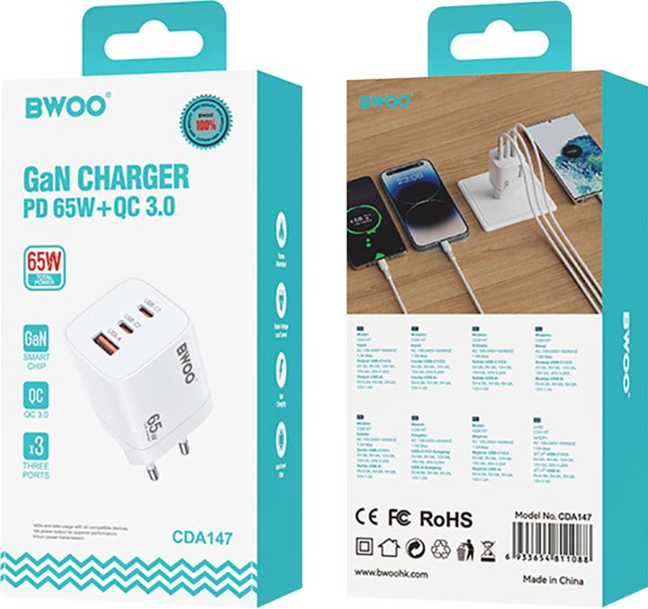 Image du produit Bwoo CHARGEUR DE VOYAGE 65W GaN CDA147 2 xUSB-C, 1 x USB-A (65 W)