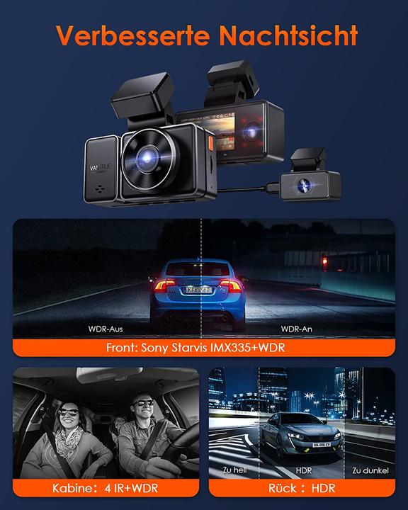 Produktbild Vantrue E3 3 Lens Dashcam 5GHz (Akku, Eingebautes Display, Eingebautes Mikrofon, Nachtsicht, GPS-Empfänger)