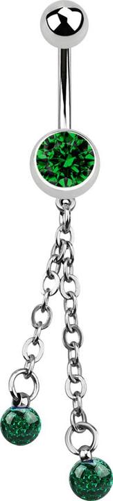 Star Piercing Banane silber mit Kette und zwei Kristallkugeln grün (Chirurgenstahl 316L, ohne Messing)