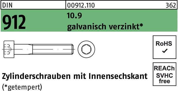 Produktbild Zylinderschraube DIN 912 m.Innensechskant M 12 x 25 10.9 galvanisch verzinkt (100 Schrauben pro Stück)