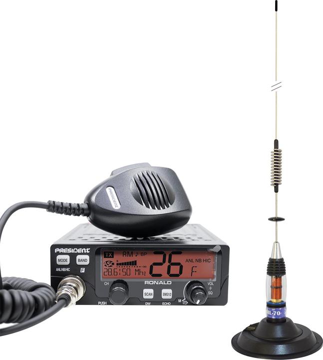 Image du produit PNI Package Radio CB Président RONALD ASC 10/12M + Antenne CB ML70, longueur 70 cm, 26-30 MHz, 200 W