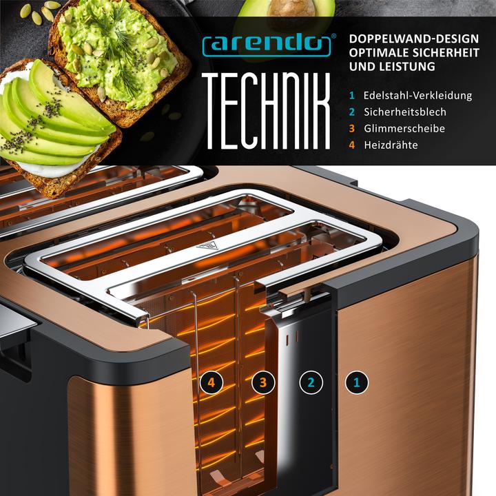 Produktbild Arendo Toaster 4 Scheiben Kurzschlitz, Automatik, Wärmeisolierendes Doppelwandgehäuse, Edelstahl, 1750 W (EU-Stecker)