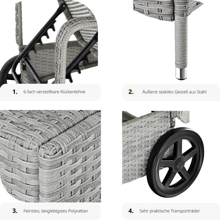 Produktbild tectake Sonnenliege Rattan mit Rollen (200 cm)