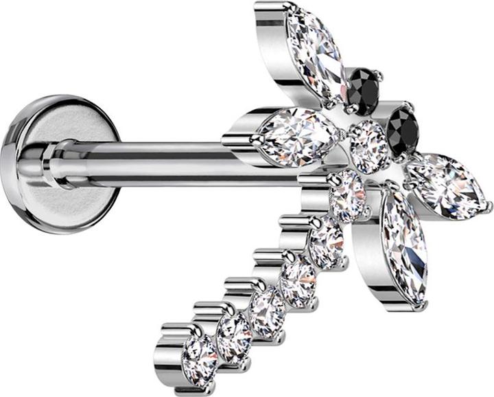 Star Piercing Micro Threadless Labret silber Libelle silber Kristalle silber (Titan G23, ohne Messing)