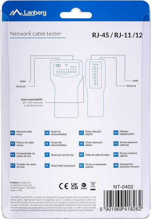 Produktbild Lanberg NT-0402 Netzwerkkabel-Tester PoE-Tester Blau