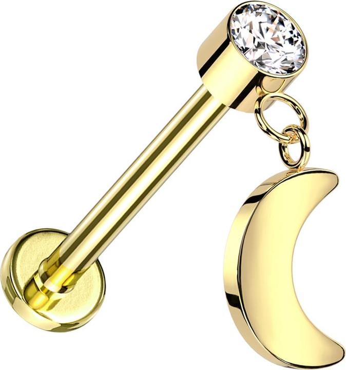 Image du produit Star Piercing Micro Threadless Labret plaqué or Cylindre plaqué or Cristal argent Pendentif Lune plaqué or (Titane)