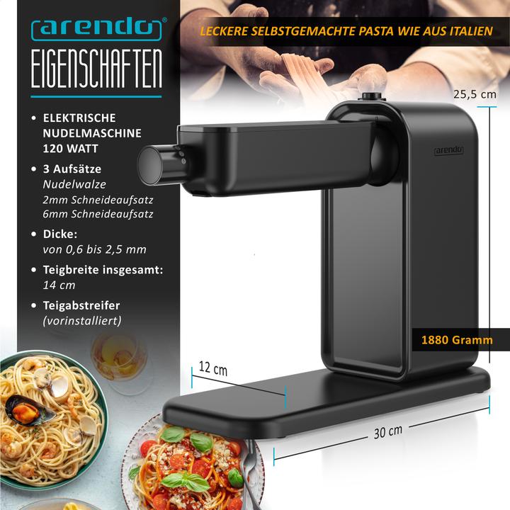 Produktbild Arendo Elektrische Nudelmaschine, Pasta Maker, 5 Stärken, 120 W, Nudelwalze und 2x Pasta-Schneideinsätze