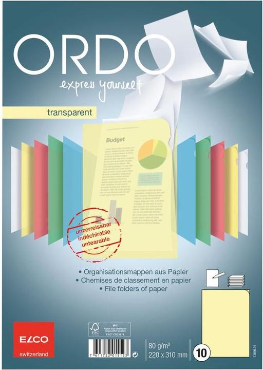 Produktbild Elco 10 Sichthüllen Ordo transparent DIN A4 gelb glatt 80 g/qm (A4, 10 x)