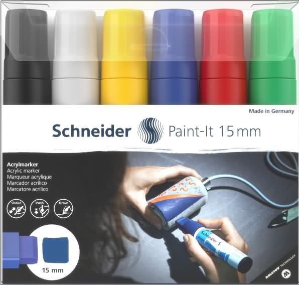 Image du produit Schneider 6 marqueurs acryliques Paint-It 330 V1 couleurs assorties 15,0 mm (Blanc, Jaune, Vert, Bleu, Noir, Rouge, 15 mm, 6 x)