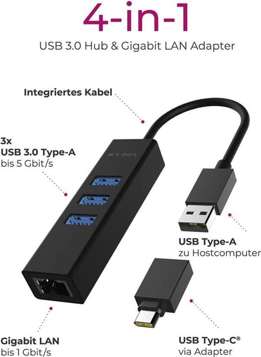 Produktbild Icy Box Hub IcyBox 4-Port IB-HUB1419-LAN USB 3.0 Hub & LAN-Adapter (USB-C, 4 Ports)
