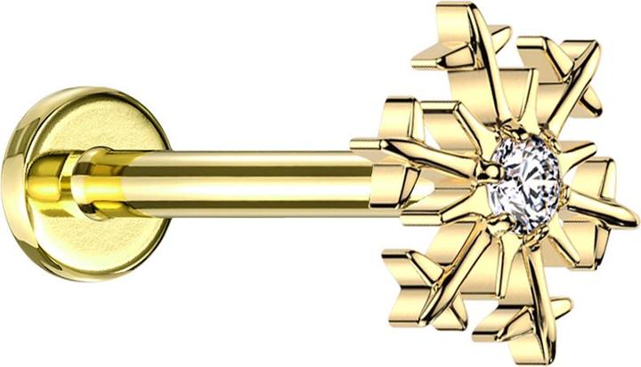 Star Piercing Micro Labret Innengewinde vergoldet Schneeflocke vergoldet vier Kristalle silber (ohne Messing, Titan G23)
