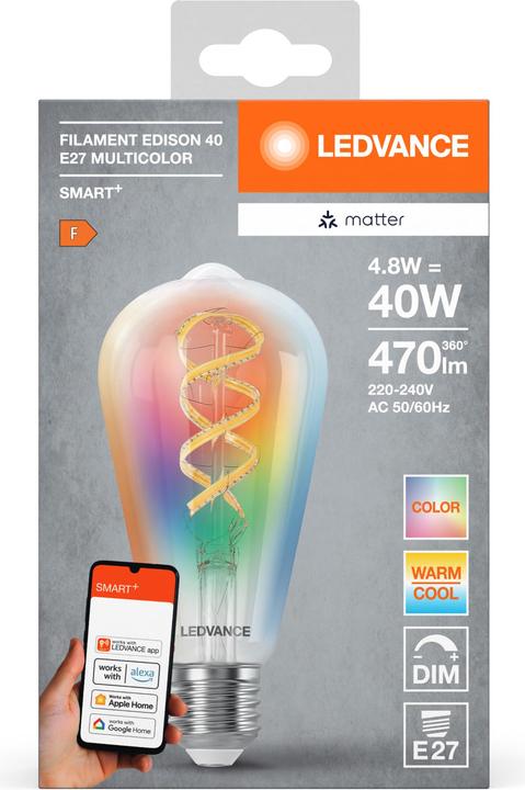 Actual product image Ledvance SMART+ MATTER FILAMENT EDISON MULTICOLOR 4.8W 827...865 Multicolour E27 (E27, 4.80 W, 470 lm, 1 x, F)