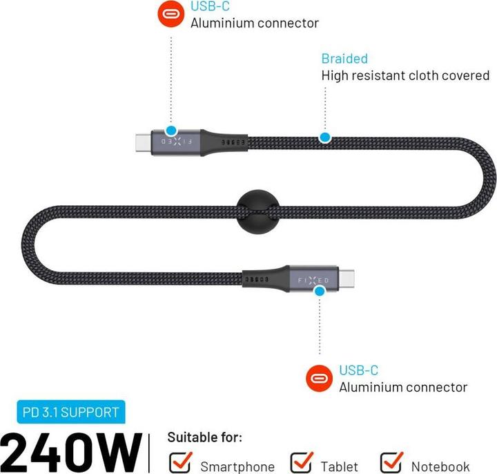 Produktbild Fixed Flechtkabel USB-C/USB-C, 1,2m, USB4 gen2 20Gbps, 4K 60Hz, 240W, grau (1.20 m, USB 4.0, 240 W)