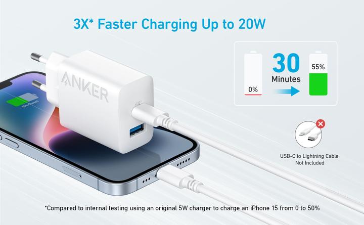 Image du produit Anker Chargeur (20W, 2 ports) avec câble USB-C (20 W)