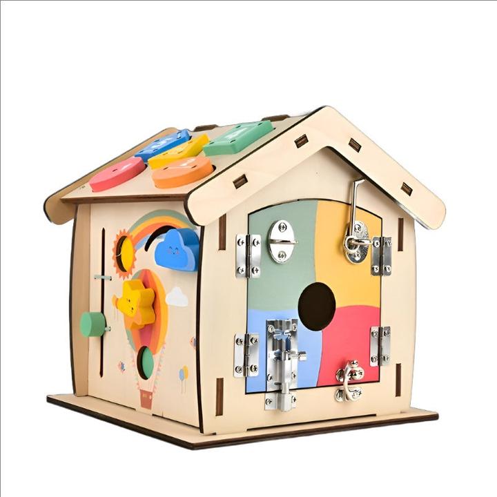 Actual product image Activity Board Busy House, early education for home enlightenment, Busy House made of wood, 14-in-1 learning toy